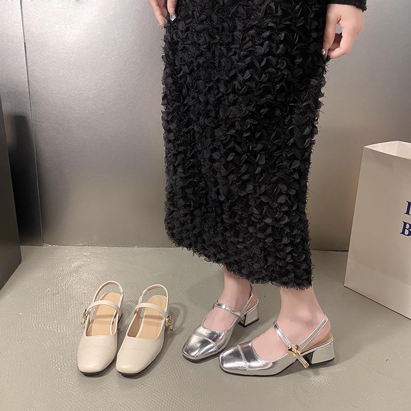Baotou sandals women's summer 2025 new temperament thick heel one-word buckle with skirt silver Mary Jane sandals