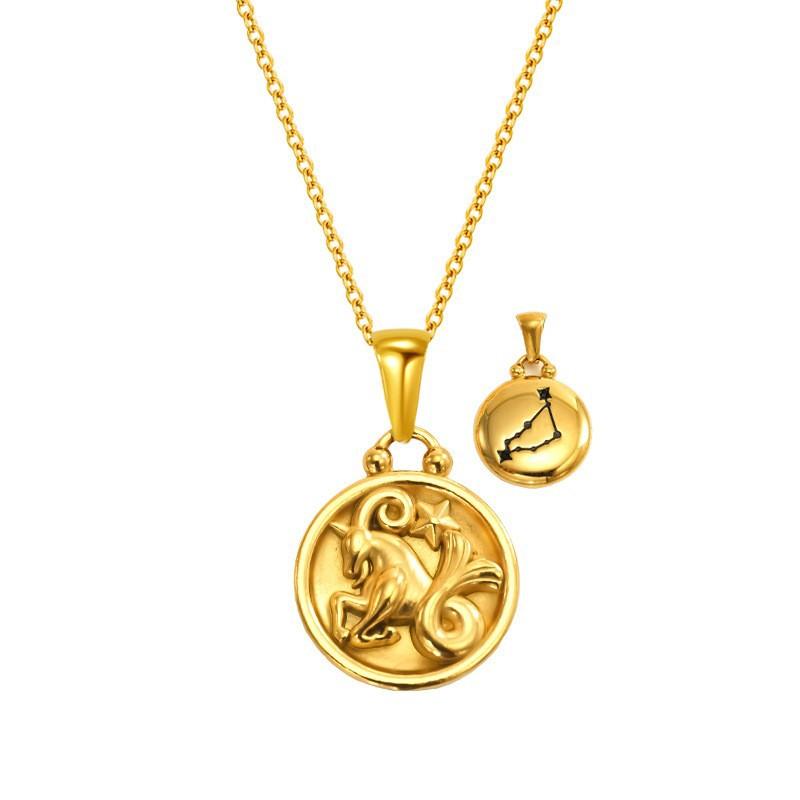 Gold Titanium Steel Round Double-Sided Wearing 12 Constellation Necklace Women'S Light Luxury Collarbone Chain Pendant