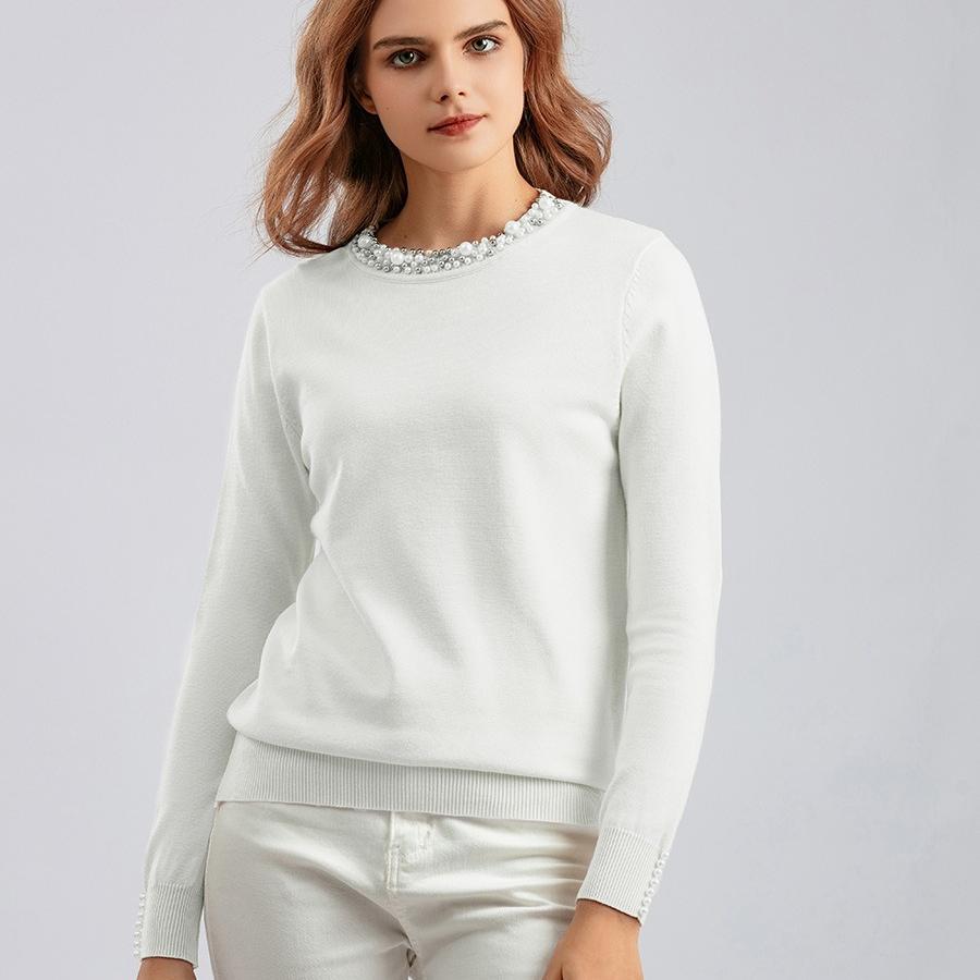 Autumn Winter Women's Crew Neck Beaded Pullover Sweater Long Sleeve Loose Solid Color Stretchy Knit Sweater