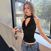 Pleated Slim Crop Top Deep V Hanging Neck Top Simple Lace-up Camisole  Lady