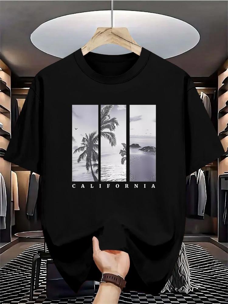 100 Pure Cotton Summer Unisexs Casual Fashion California Style Landscape Pattern Printed Loose Round Neck Short Sleeved Tshirt