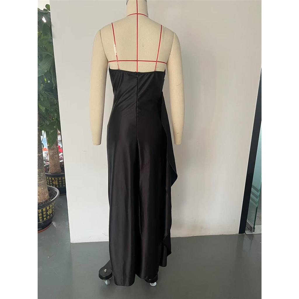 Women's sexy slim deep V trouser satin slit transparent shoulder strap suspender dress