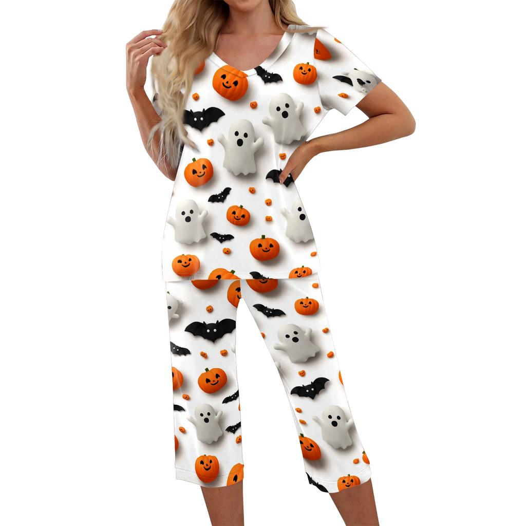 Women Two Piece Set Halloween Print Short Sleeve Top and Capri Pants Lounge Wear Casual Pajama Set