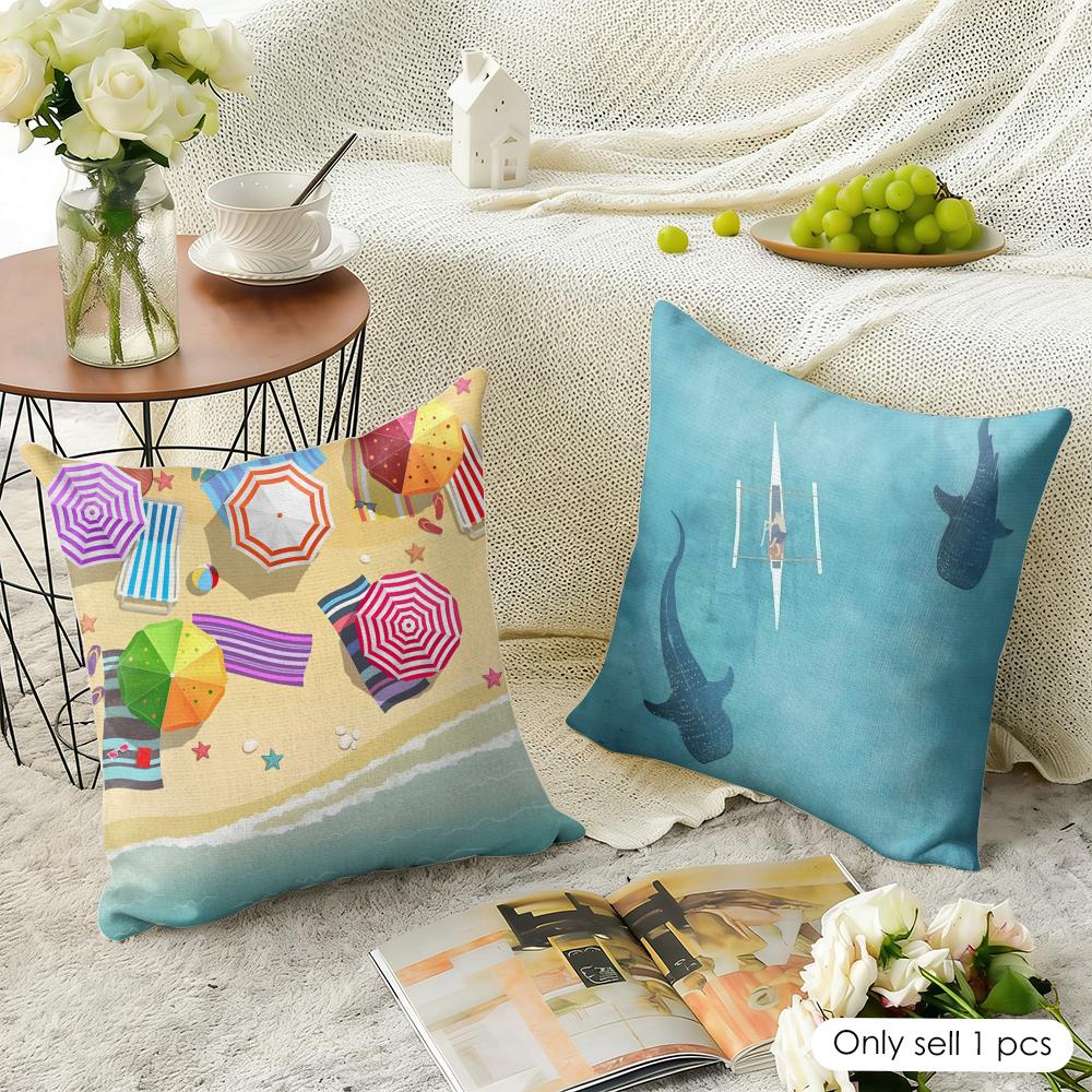 Marine Animals Summer Ins Cushion Cover Natural Linen Organic Fabric Double-Sided Printing Sofa Home Decor Gift Pillow Case