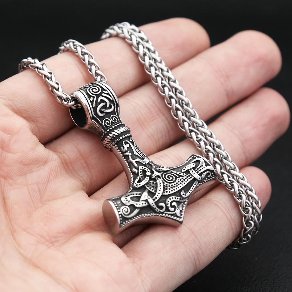 Vintage Classic Vikings Thor Mjolnir Hammer Pendant Necklace Men's Stainless Steel Nodic Amulet Pagan Jewelry Gifts Dropshipping