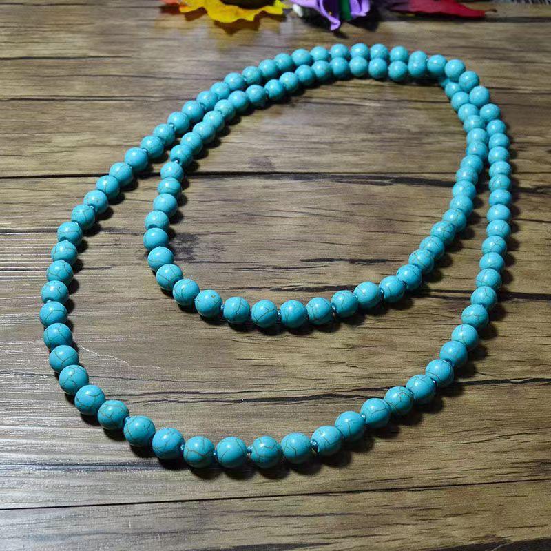 Original Ethnic Longline Necklace, Handmade Turquoise and Rice Bead Jewelry with Folk Style Artisan Design for Unique Statement