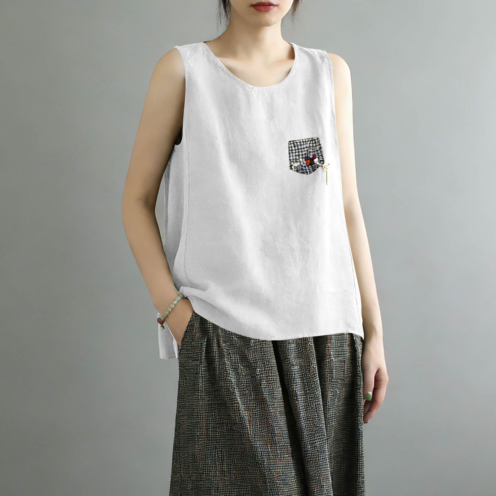 

Women s Loose Fit Cotton Linen Blend Tank Top Sleeveless Outerwear XXL білий