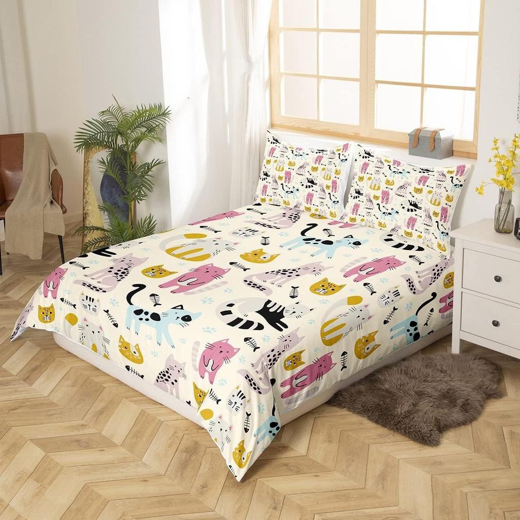 Home Textile Three-Piece Cartoon Simple Kitten Digital Printing Quilt Pillowcase Bedding
