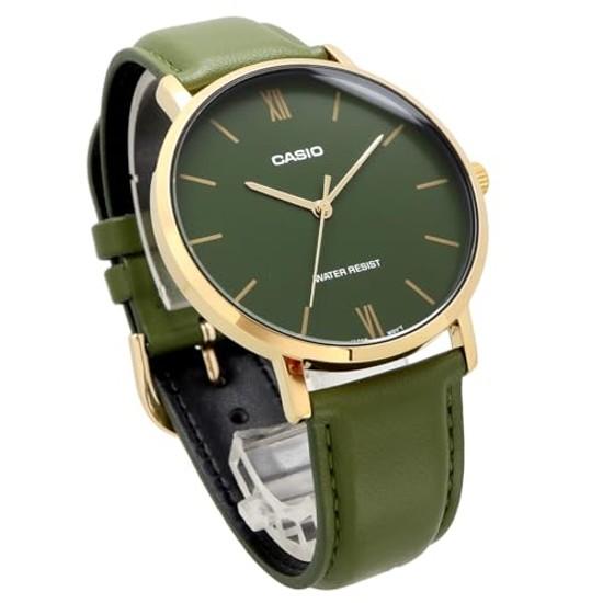 CASIO Quartz Mens Watch MTP-VT01GL-3B Gold Green Leather Band Overseas Model