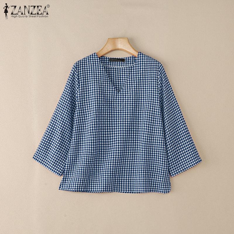 ZANZEA Bluză casual de damă cu gât în V, mâneci 3/4, croială lejeră și imprimeu carouri.