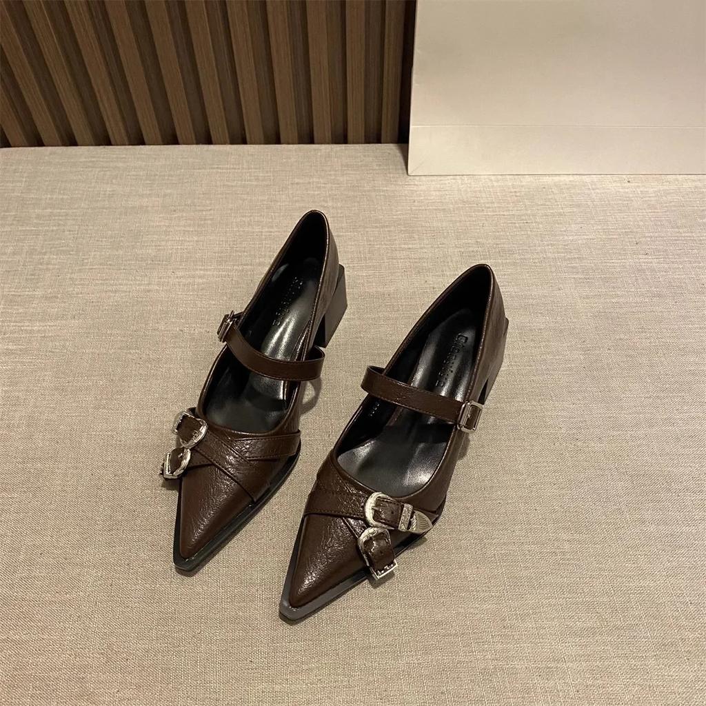 Spring Women's High Heels Sexy French Style Pointed Shoes Metal Decoration Paired Skirts Elegant Banquet Fashion Mary Jane