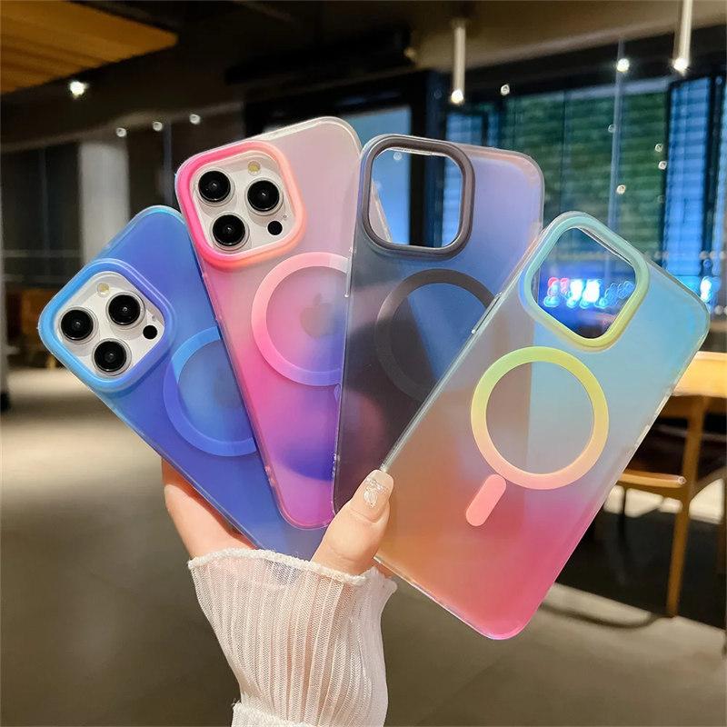 Aurora Gradient Matte Magnetic Case For iPhone 16 15 14 Pro Max 16 Plus 13 Laser Colorful Rainbow for Magsafe Shockproof Cover