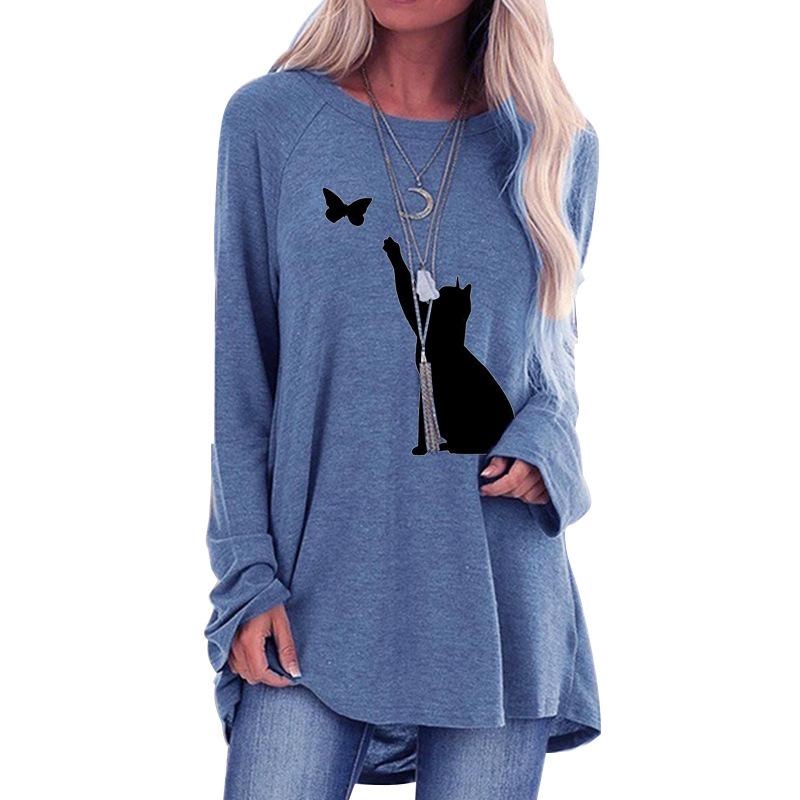

Женская осенняя футболка больших размеров с принтом кошки, царапины и бабочки, удобная футболка с длинными рукавами и круглым вырезом, повседневная мешковатая футболка средней длины, топ