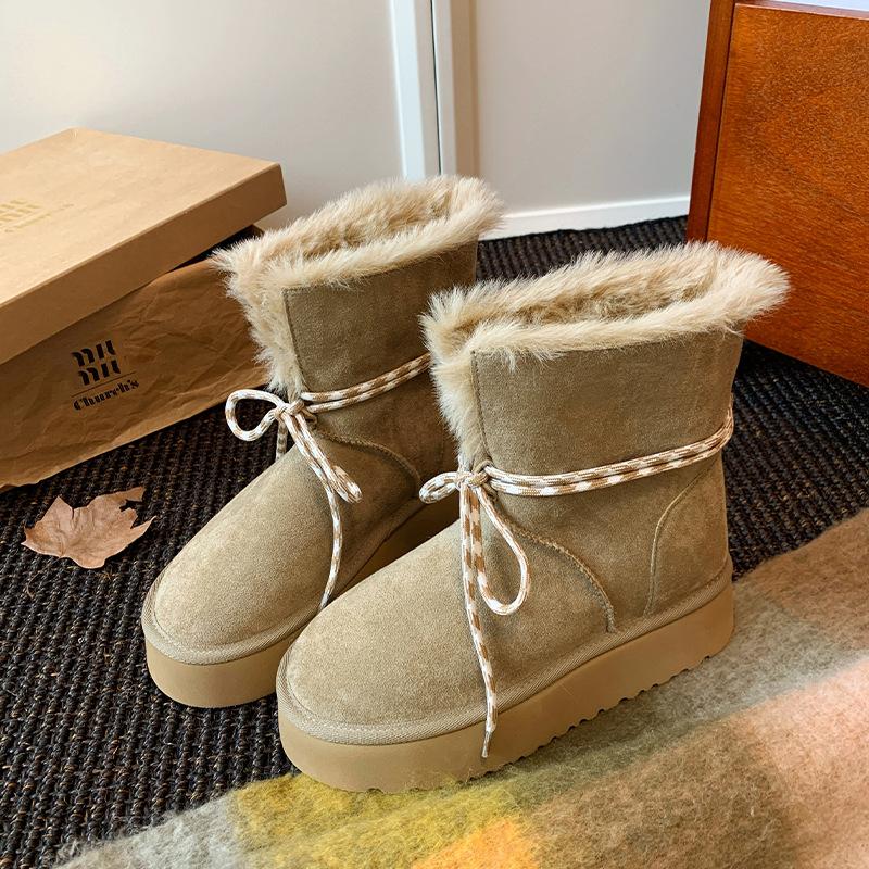 Soft leather version~ thick-soled snow boots women's 2024 new winter lace-up piled thickened thermal short tube snow cotton