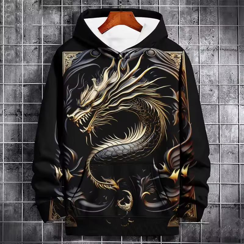 Retro Drakmönster Herrhuvtröjor 3D-tryck Kreativ Design Långärmad Casual Pullover Mode Cool Oversize Andningsbara Kläder