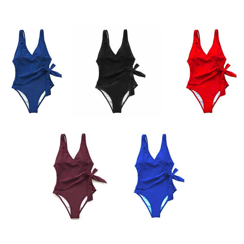 Cheap Sexy Bikini VNeck Monokini Ruched Wrap Front Tie Bowknot