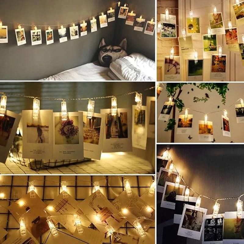 LED String Lights With Photo Clip Battery Powered Fairy Wall Lamp USB Copper Wire Light For Indoor Wedding Party Christmas Decor