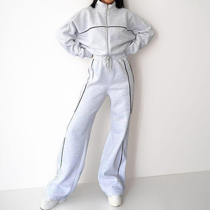 Leisure Two-Piece Set European and American Women Autumn Casual Loose Cardigan Lace-up Hoodie Trousers Set