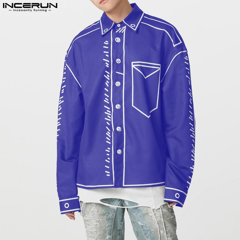 INCERUN Oversized Men Casual Long Sleeve Stitching Buttons Up Shirts Tops