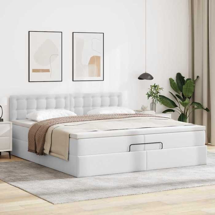 Cadre de lit avec matelas - 200x200cm - Similicuir blanc - Rangement intégré - LED ambiance