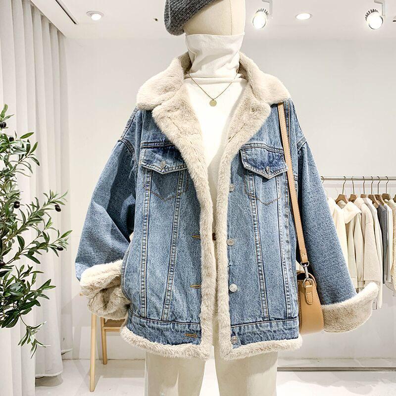 2025 Women's Winter Reversible Fleece-Lined Denim Jacket - Korean Style, Loose Fit, Lambswool, Casual Versatile Coat Trend