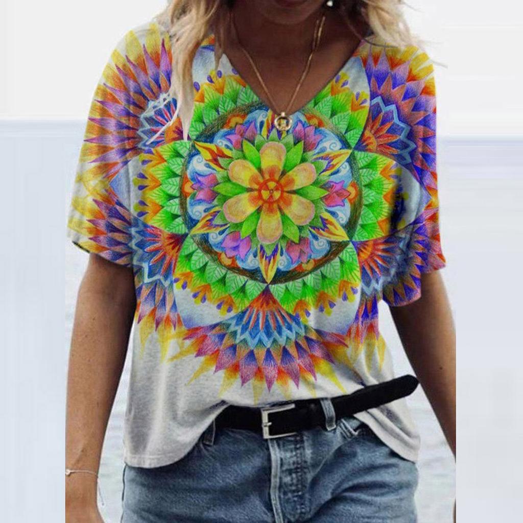 Fashion Women's Summer Printed Short Sleeve V-Neck T-Shirt Casual Tee Tops