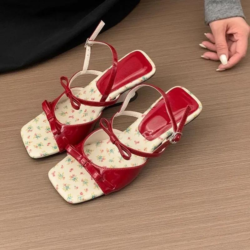 

Women s Slope Heel Sandals Summer New Square Head Open Toe Butterfly Knot Anti-slip Wear Heel Shoes 35