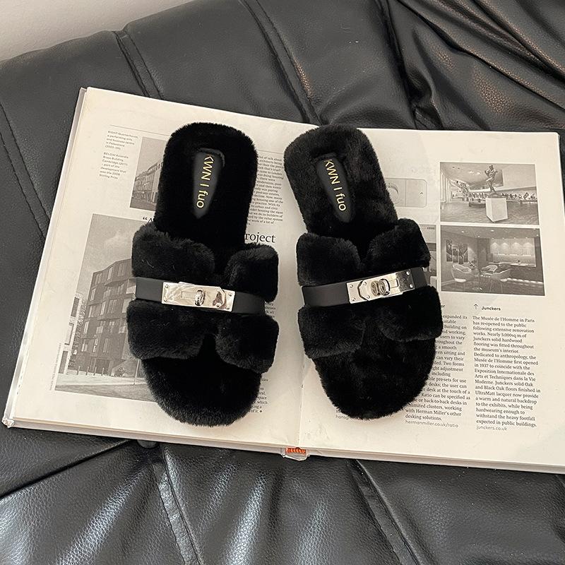 2025 Autumn and Winter Fashion Simple Belt Buckle Internet Celebrity Fluffy Slippers Women Wear Casual Thick-soled One-word Cotton Shoes