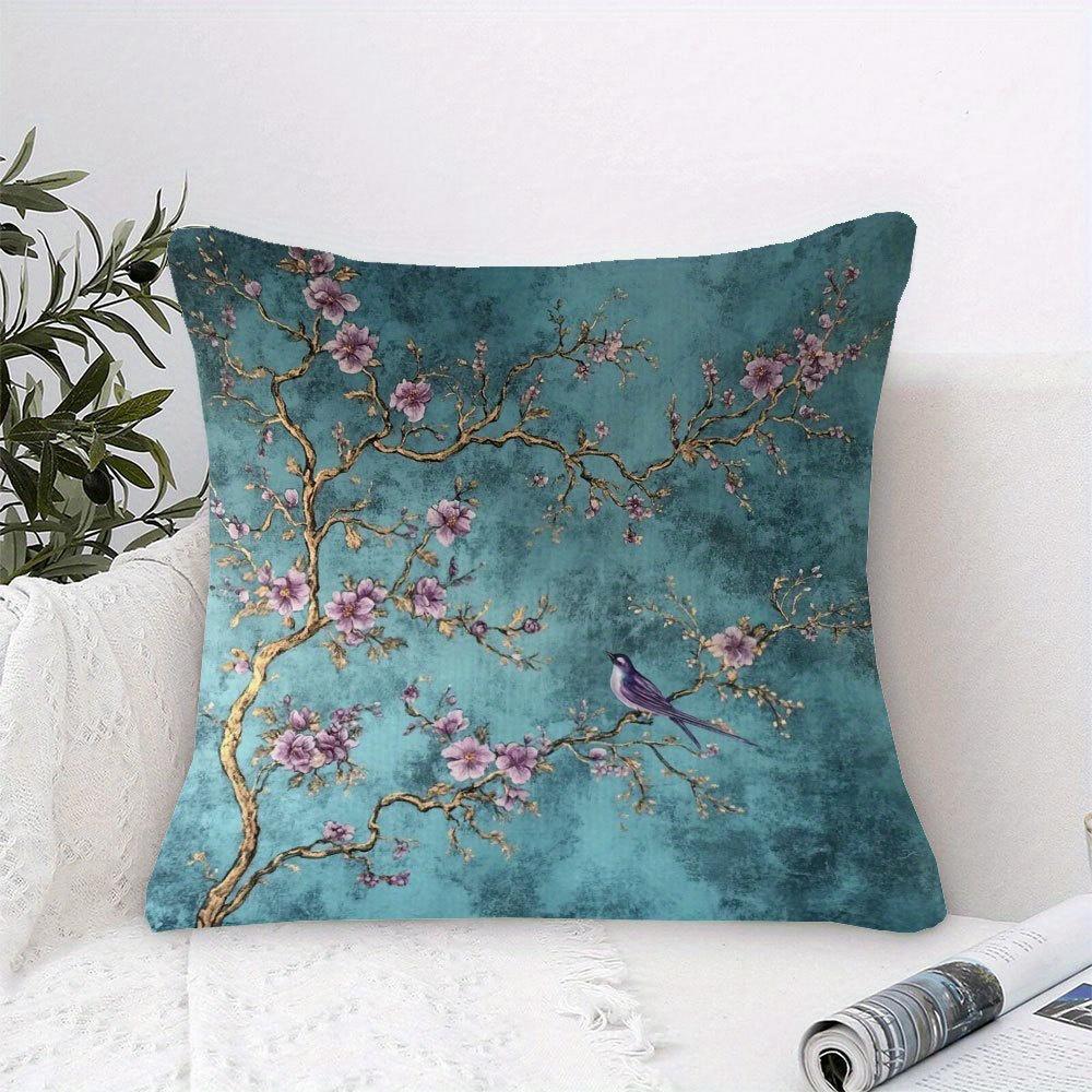 Panika Chen Unisex Purple 1Pc Teal Floral Bird Pillow Cover, Polyester 2D Double Sided Print Cushion Case, Vintage Chinoiserie Style Throw Pillowca