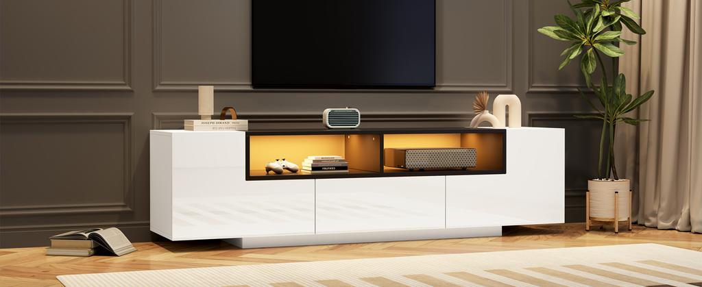 Freistehender TV-Schrank mit LED-Beleuchtung, L-Form und Schubladen, Hochglanz Weiß, Geeignet für 75-Zoll-Fernseher, Weiß+Schwarz, 180*40*48cm