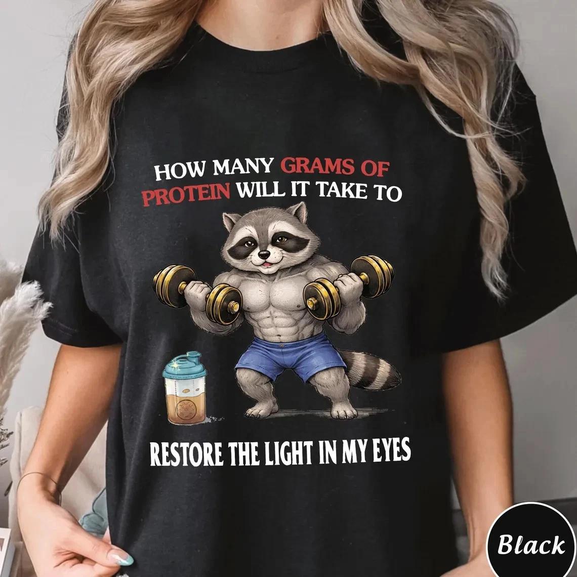 Grams Of Protein Raccoon T-Shirt Funny Gym Graphic Tee Aesthetic Casual Shirt L