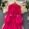 Frenchic Vintage Maxi Dress Women Stand Collar Lantern Sleeve Lace-up Female A-line Elegant Dresses Spring Autumn