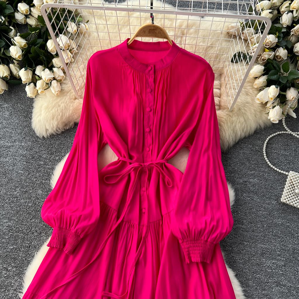 Frenchic Vintage Maxi Dress Women Stand Collar Lantern Sleeve Lace-up Female A-line Elegant Dresses Spring Autumn