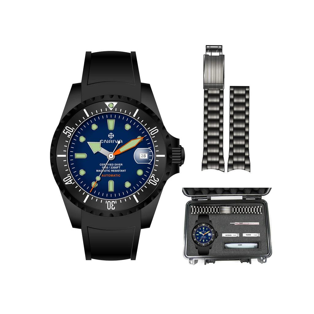 ENRIVA Men's Automatic Diver Watch – NH35 Movement, 1000M Water Resistant, Sapphire Crystal, Ceramic Bezel, Blue Dial, 2 Straps & Tool Kit