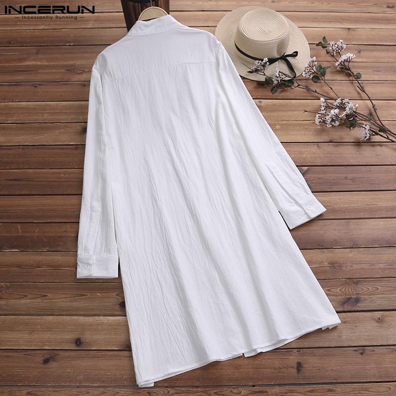 INCERUN Vintage Men Long Sleeve Solid Color Button Up Stand Collar Long Shirts