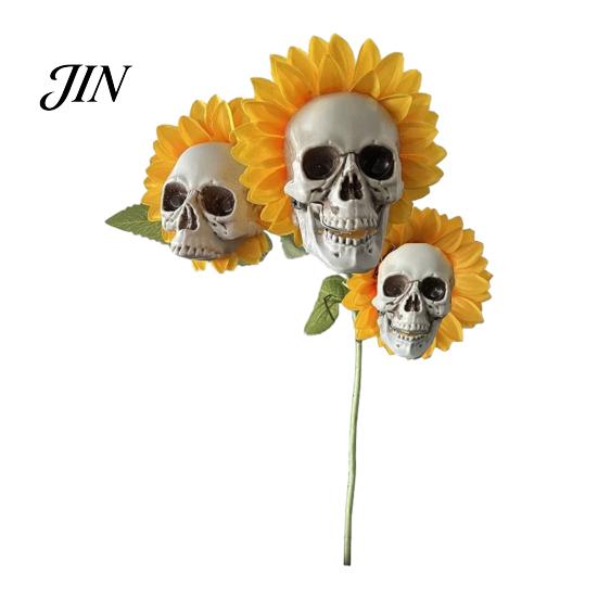 Halloween Lawn Decoration Sunflower Skull Ornament, Theme Garden Decor, Potted Skeleton Flower Pot Plant Waterproof Outdoor Decoration, for Patio Yard