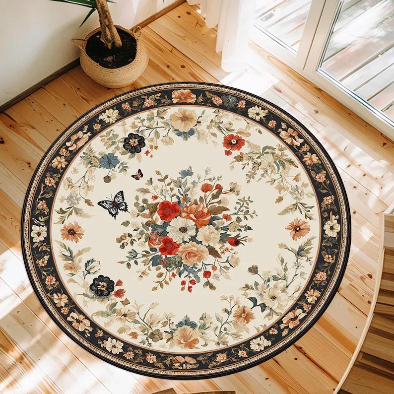 Elegant Rose Round Rug Victorian Floral Ornate Border Design Soft Non-Slip Mat Romantic Home Decor Carpet for Living Room