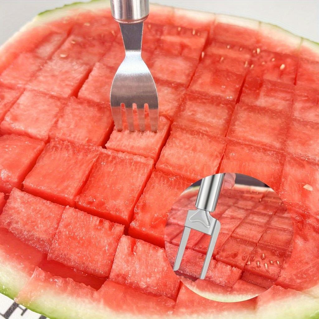 2-in-1 Watermelon Slicer and Fork Stainless Steel Fruit Cutter Tool for Watermelon, Mango, Pitaya, Portable for Camping, Picnics, Home