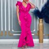 Fashion Women's Summer Dress Solid Color V-neck Ruffled Slit Fishtail Dress Long Skirt