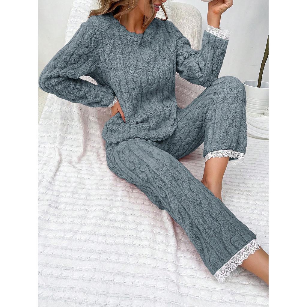 Autumn Winter Pajama Set for Women's Velvet Warm Casual Thick Tops and Long Trousers Set Home Wear Sleepwear Loungewear