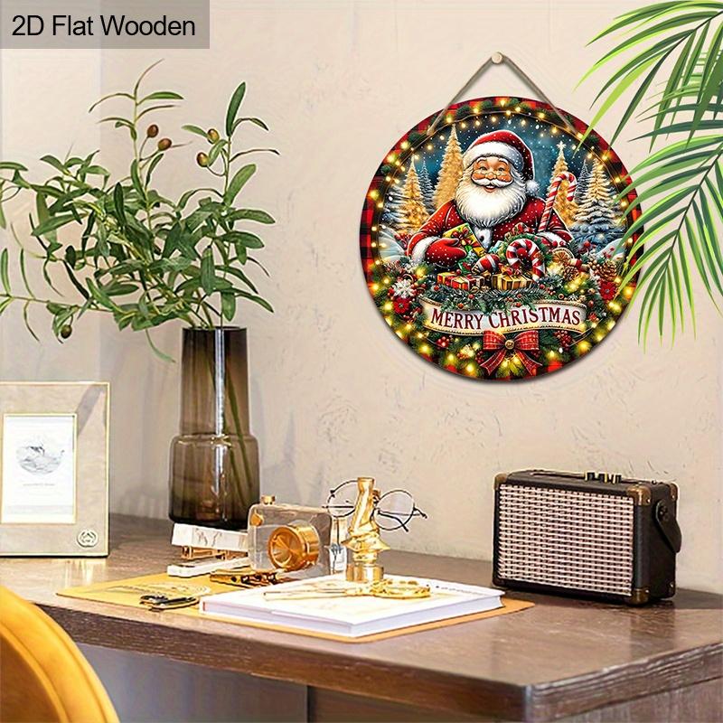 2D Flat, 1 PC Christmas Gift - Santa Holding Gift Box Round Wooden Ornament Decorative Sign & Plaque, “Merry Christmas”, Home Holiday Party Wall Art