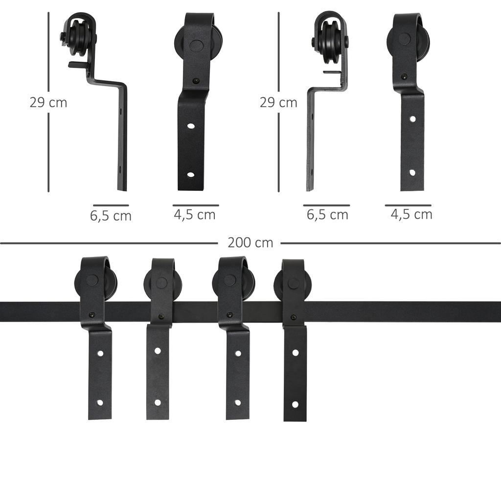 Sliding Door Hardware Kit, 200 cm, Carbon Steel, 2 Wooden Doors, Black