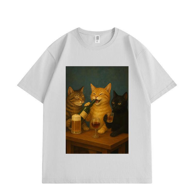 Funny Drinking Cat Meme Graphic T-shirts High Street Fashion Trend Short Sleeve T Shirts Men Women Casual Loose T-shirt