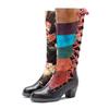Retro Printed Patchwork Women's Long Boots Handmade Genuine Leather Lace Up Mid-calf Boots