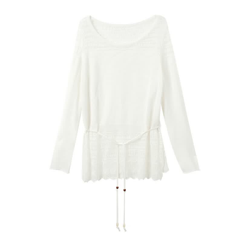 Sancai Women's Lyocell Blend Lace-Trim Hollow Knit Sweater