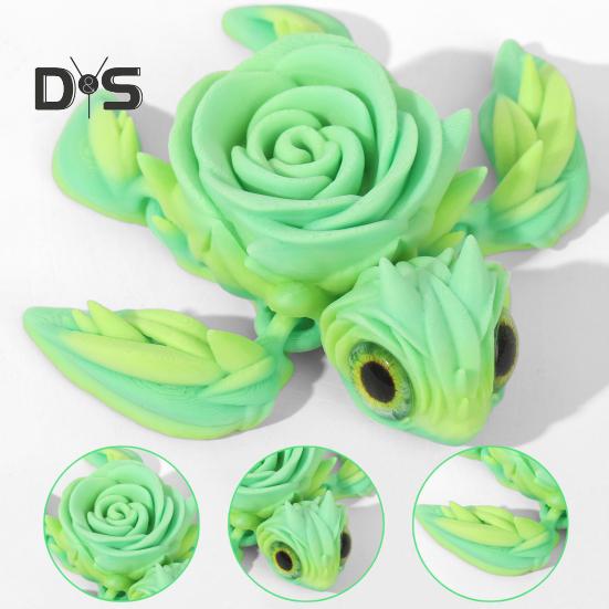 3D Printed Rose Turtle Figurine Movable Joints Flower Sea Tortoise Figure Articulated Animal Model Toy Home Office Bookshelf Desktop Decoration