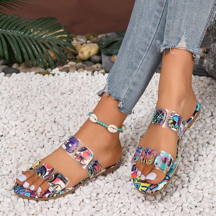 

Женские тапочки большого размера на плоской подошве с принтом, богемные сандалии с открытым носком 43 синий