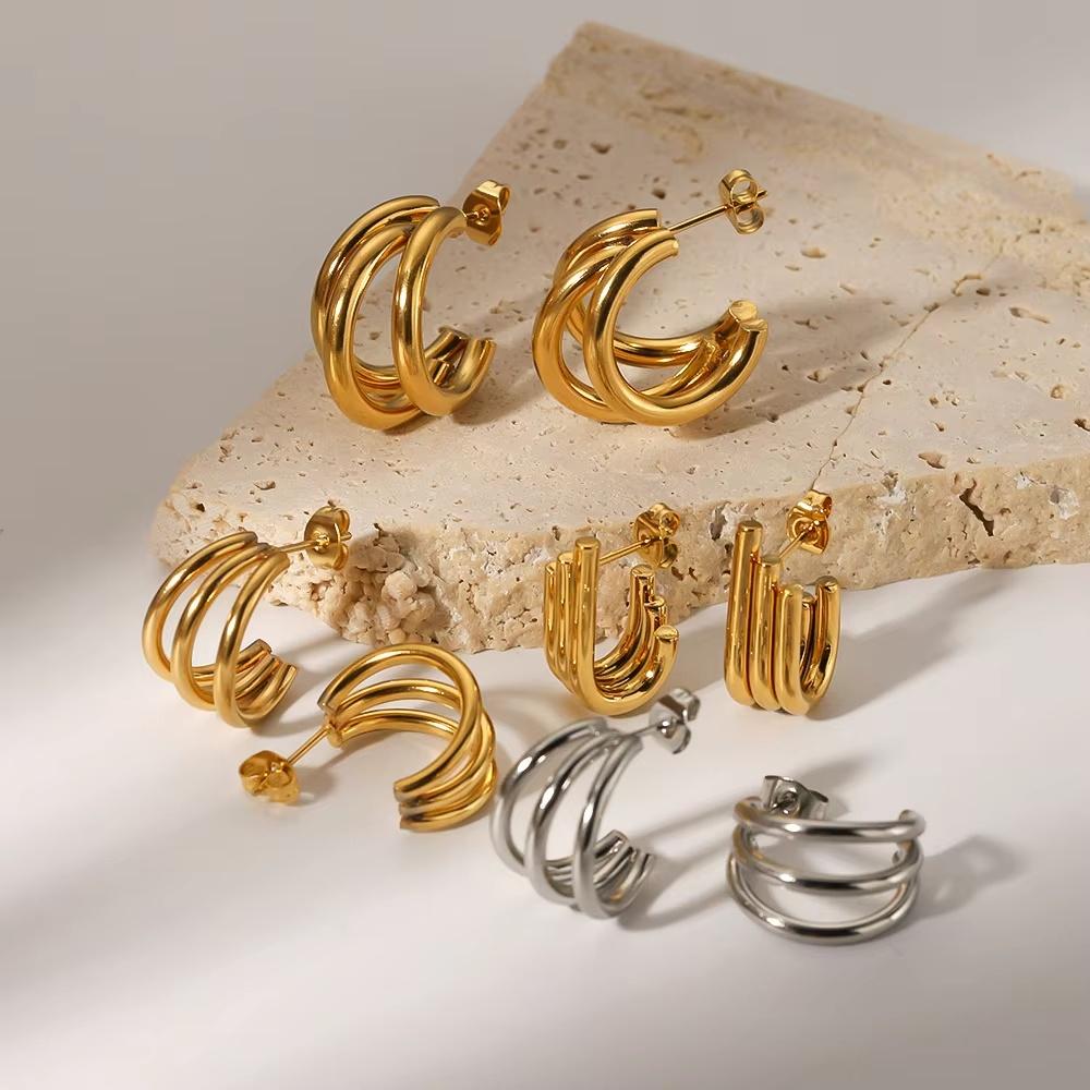 Simple Exqusite Classic Gold Plated Geometric Three Lines Chains Earrings Stainless Steel C-shaped Stud Earrings Daily Woman