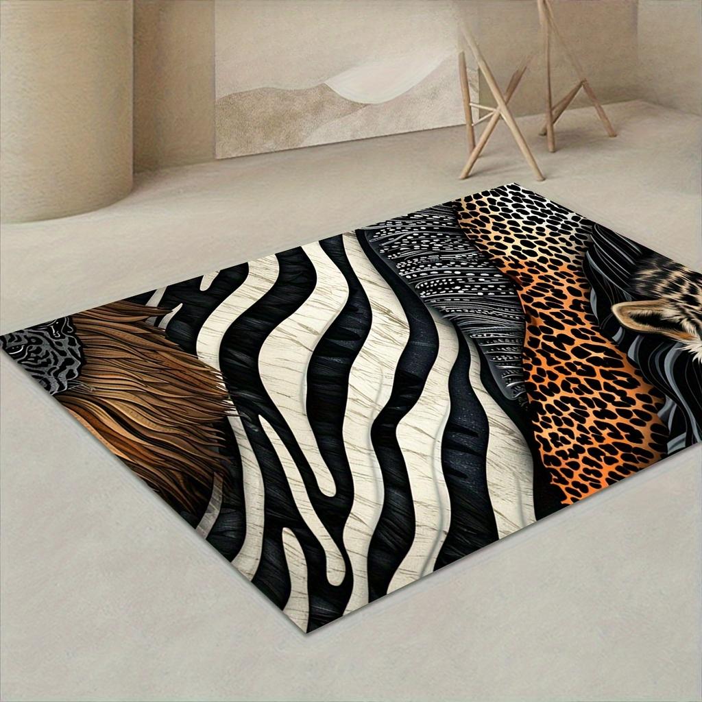 Animal Print Area Mat Non Slip Machine Washable Polyester Flannel Zebra Leopard Pattern Living Room Bedroom Office Holiday Decor