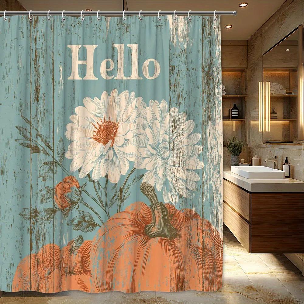

1pc Hello Autumn Shower Curtain - Extra Long Bathroom Window Coverage, Vintage Teal & Brown Wood Look with White Daisies & Pumpk W90xH180cm